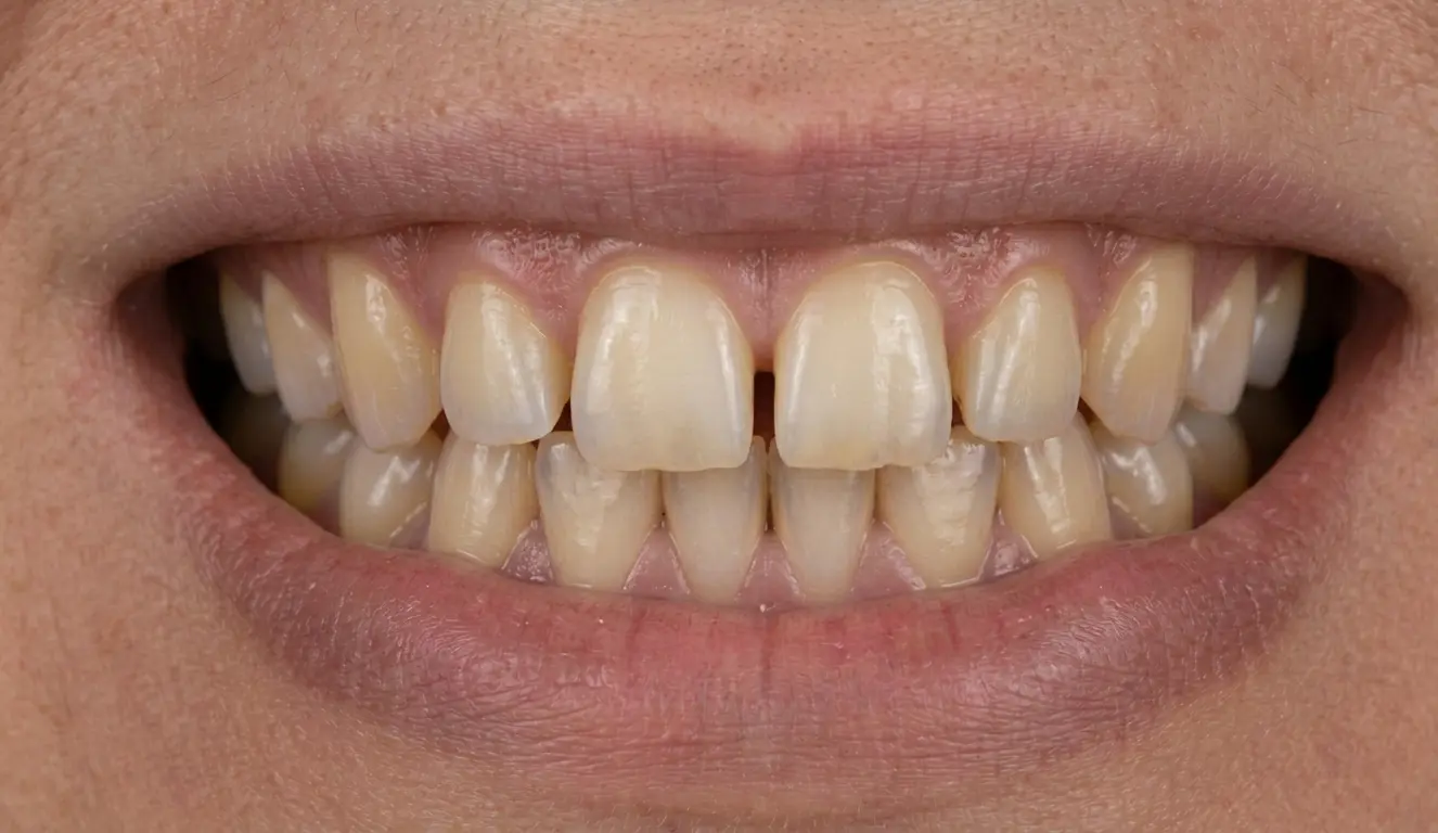 Before: Veneers — discoloration & alignment correction